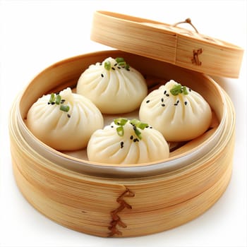 Delicious Chinese dim sum dumplings placed in a bamboo steamer with savory garnish