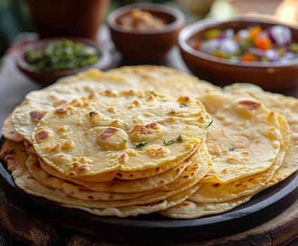 Delicious freshly made flatbread served with spices, herbs, and vegetables
