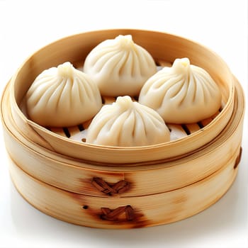 Steamed dumplings in bamboo basket showcasing traditional Asian cuisine and dim sum food delights