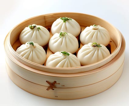 Steamed bao dumplings in bamboo, traditional Asian food, dim sum served in a round wooden container