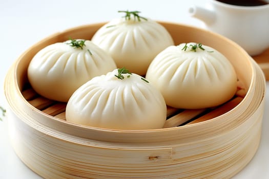 Closeup of steamed dumplings in a bamboo basket, a traditional Asian dim sum cuisine