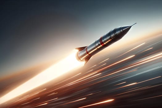 a flying rocket with a bright trail or exhausted plume.