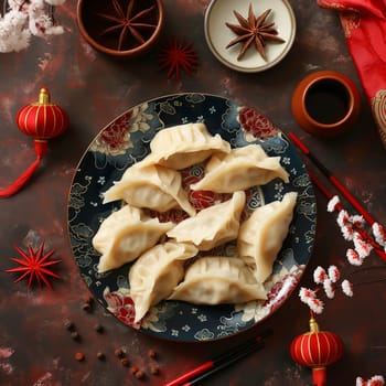Delicious traditional Asian dumplings on a decorative plate with festive red background
