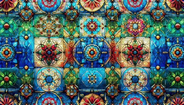 A horizontal background of stained glass, featuring intricate geometric multicolor floral patterns.