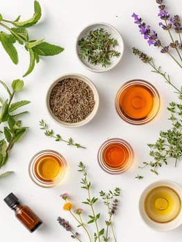 Aromatherapy with essential oils, herbs, and flowers for holistic wellness and natural treatment