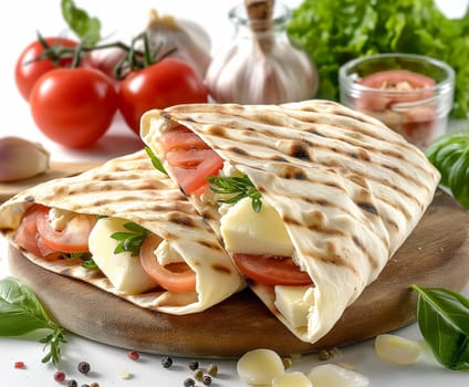 Delicious grilled panini sandwich with tomatoes, cheese, lettuce, garlic, and peppers