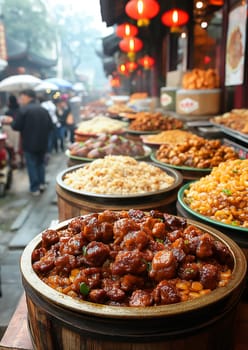 Delicious Chinese food at an outdoor market with traditional lanterns and diverse street vendors