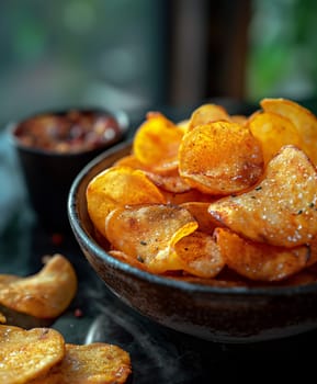 A bowl of crispy, salted potato chips that look delicious and yummy as a snack or appetizer