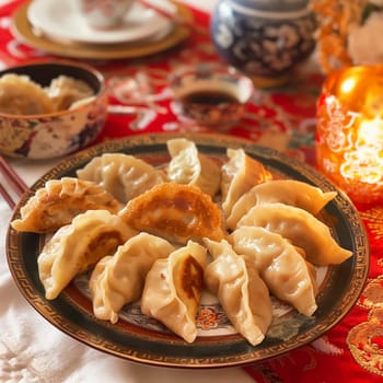 Traditional Chinese cuisine with dumplings on a plate, table includes ceramic tableware