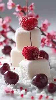 Raspberries on a white dessert cake with cherries, sweet sticks, and pink flowers on a branch