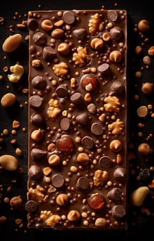 Delicious dark chocolate bar with nuts, caramel, and sweet textures for a gourmet dessert treat