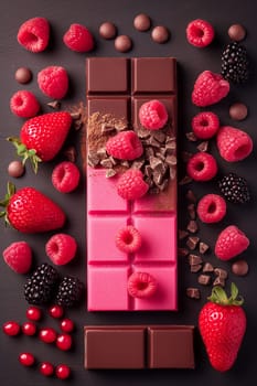 Delicious pink and dark chocolate bars with berries, raspberries, strawberries, and blackberries