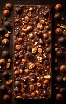 Decadent chocolate bar topped with a variety of nuts, caramel, and crispy treats