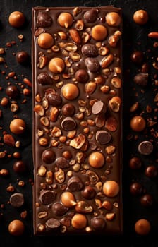 Delicious chocolate bar with caramel, nuts, hazelnut, almond, and brown sweet candy treat.