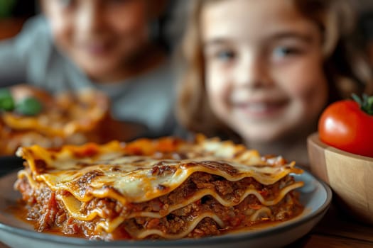 Smiling children enjoying a plate of delicious lasagna with tomato, cheese, pasta, and sauce