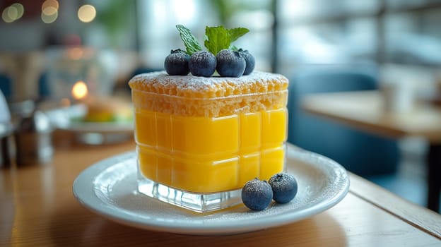 Delicious fresh mango pudding with blueberries, honeycomb, and mint garnish on a plate