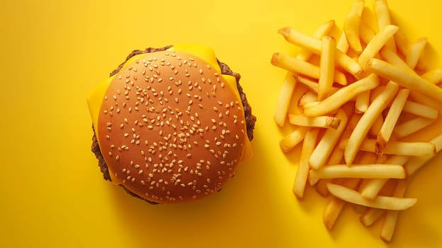 Delicious burger and fries combining cheeseburger and fried food for a tasty fastfood meal