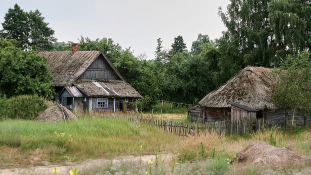 Eastern Europe, Republic of Belarus, Kachanovichi village, Pinsk district, Brest region. Old houses with thatched roofs.