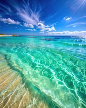 Clear Turquoise Sea with Waves on the Surface and Sandy Bottom.On this hot summer day, a clear turquoise sea reveals waves crashing onto the shore and the sandy bottom beneath the water.