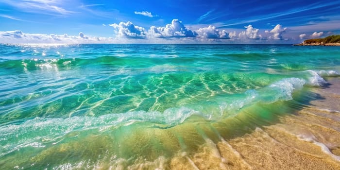Clear Turquoise Sea with Waves on the Surface and Sandy Bottom.On this hot summer day, a clear turquoise sea reveals waves crashing onto the shore and the sandy bottom beneath the water.