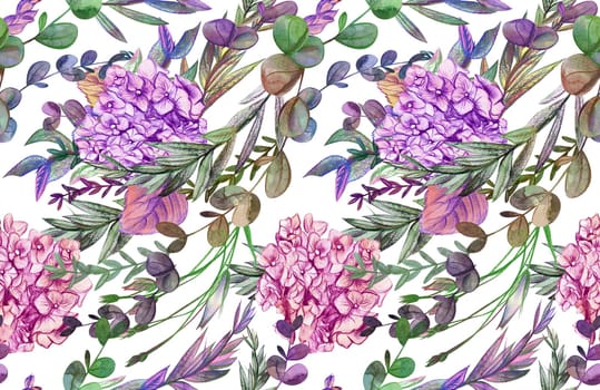 Summer pattern with hydrangea flowers drawn in pencil and watercolor for textiles and design