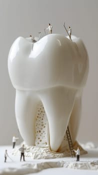 Miniature workers fixing a giant tooth, concept of dental care and maintenance.