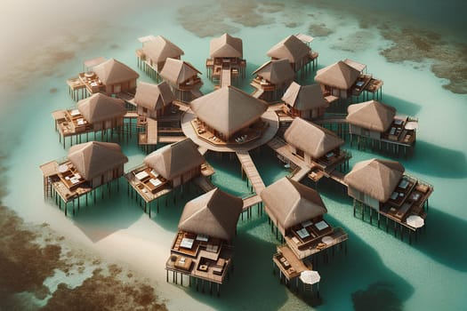tourist bungalows on stilts in the ocean, aerial photo.