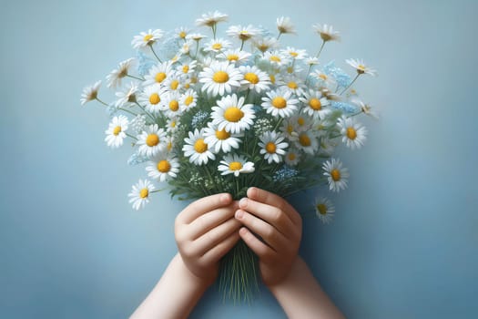 two children's hands extending a bouquet of wild daisies against a soft blue background.