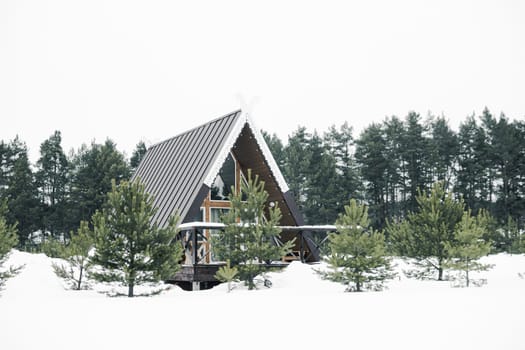 A country house in nature in winter. Rest in an ecologically clean place in winter. Glamping in nature