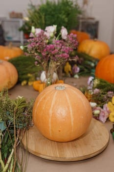 Flower arrangement in a pumpkin, autumn interior decor. Creating handmade autumn decor