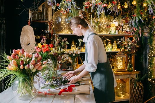 A woman in her florist shop collects bouquets of flowers. The concept of a small business. Bouquets of tulips for the holiday on March 8