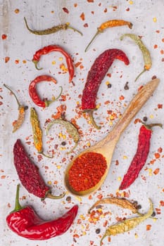 A flat lay photo of peppers in various stages. Fresh, drying, dried, pepper flakes, and pepper powder in a spoon.