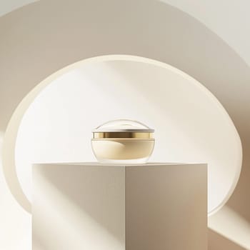 Face cream in a glass jar on a white and gold background. Skin care concept. Backdrop for beauty cosmetic products