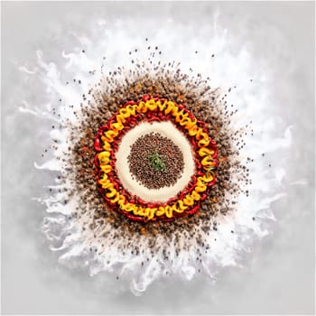 Jerk spices mandala an arrangement of allspice thyme and scotch bonnet peppers with powder dusting. Food isolated on transparent background.