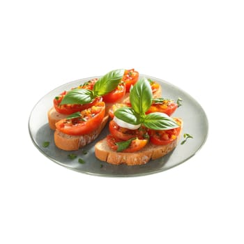 Bruschetta with grilled bread tomatoes garlic and basil leaves on a clear plate Summer food. close-up food, isolated on transparent background