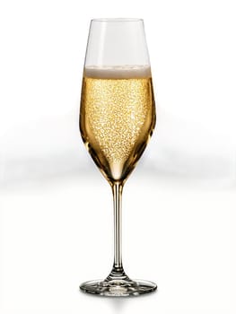 Schott Zwiesel Tritan Pure Sparkling Wine glass, angular contours, durable crystal, golden champagne catching the light, hero shot from above, bright backlight, isolated.