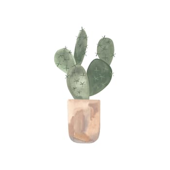 Cactus in a light concrete pot. Plants for the home. Floriculture. Interior decoration. Isolated watercolor illustration on white background. Clipart