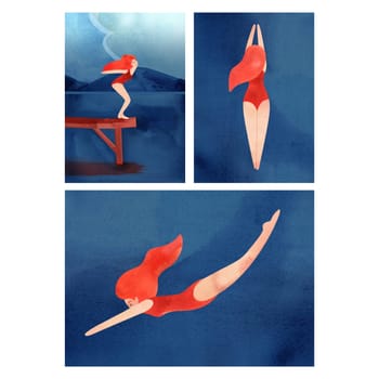 Swimmers, diving, scuba diving, summer holidays at water resorts. Sports, hobbies and recreation. Set of watercolor templates for cards.