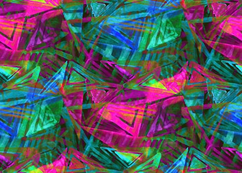Irregular geometry bright multi-colored on a seamless pattern with watercolor painted triangles. A mix of silhouettes of bright neon shapes for modern trendy youth outerwear textiles and surface design