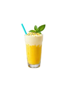 Mango milkshake tropical glass mango chunks passion fruit pulp mint leaf. Drink isolated on transparent background.