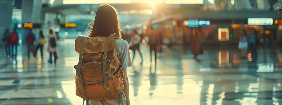 Young girl with a tourist backpack at the airport. selective focus. Generative AI, people