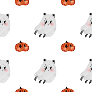 Halloween cute pattern. Hand drawn seamless illustration on isolated white background. Clip art of kawaii ghost and pumpkin. Perfect for textile printing and Halloween wrapping paper. High quality illustration