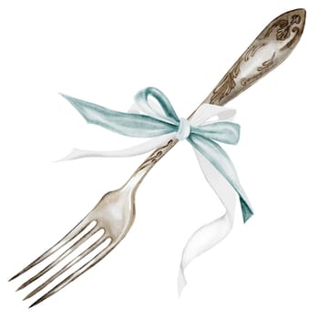 Fork watercolor. Silver cutlery with a bow hand drawn on isolated white background. Clip art of vintage fork made of nickel silver. Ideal for restaurant menu design and cookbooks. High quality illustration