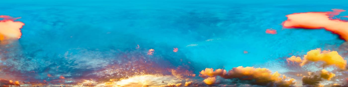 Dramatic Sunset sky 360 panorama. Vibrant sky with bright glowing red pink Cumulus clouds. HDR 360 seamless spherical panorama. Sky dome for aerial drone panoramas. Climate and weather change