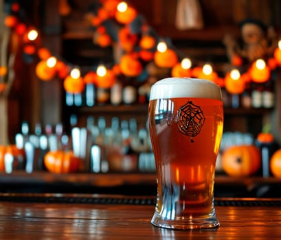 Used for Halloween party invitations, banners and promotions. Craft beer.Decorated pub for a Halloween. Oktoberfest. Copy space. AI generated