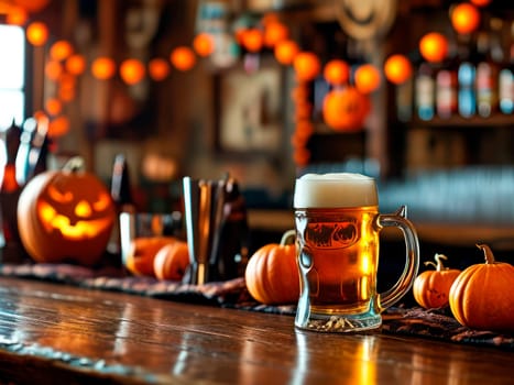 Decorated pub for a Halloween.Used for Halloween party invitations, banners and promotions. Craft beer. Halloween party concept. AI generated