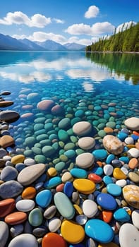 A stunning image of a crystal-clear lake with smooth, colorful pebbles lining the shore. The water reflects the vibrant blue sky and fluffy clouds above, creating a truly breathtaking scene.This mesmerizing photo showcases the beauty of nature with a close-up of smooth, colorful pebbles glistening in the crystal-clear water of a serene lake. The surrounding landscape completes the picture with lush green mountains and a bright blue sky.