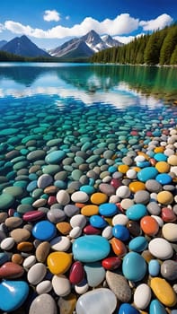 A stunning image of a crystal-clear lake with smooth, colorful pebbles lining the shore. The water reflects the vibrant blue sky and fluffy clouds above, creating a truly breathtaking scene.This mesmerizing photo showcases the beauty of nature with a close-up of smooth, colorful pebbles glistening in the crystal-clear water of a serene lake. The surrounding landscape completes the picture with lush green mountains and a bright blue sky.