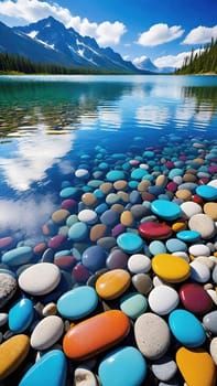 A stunning image of a crystal-clear lake with smooth, colorful pebbles lining the shore. The water reflects the vibrant blue sky and fluffy clouds above, creating a truly breathtaking scene.This mesmerizing photo showcases the beauty of nature with a close-up of smooth, colorful pebbles glistening in the crystal-clear water of a serene lake. The surrounding landscape completes the picture with lush green mountains and a bright blue sky.
