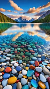 A stunning image of a crystal-clear lake with smooth, colorful pebbles lining the shore. The water reflects the vibrant blue sky and fluffy clouds above, creating a truly breathtaking scene.This mesmerizing photo showcases the beauty of nature with a close-up of smooth, colorful pebbles glistening in the crystal-clear water of a serene lake. The surrounding landscape completes the picture with lush green mountains and a bright blue sky.